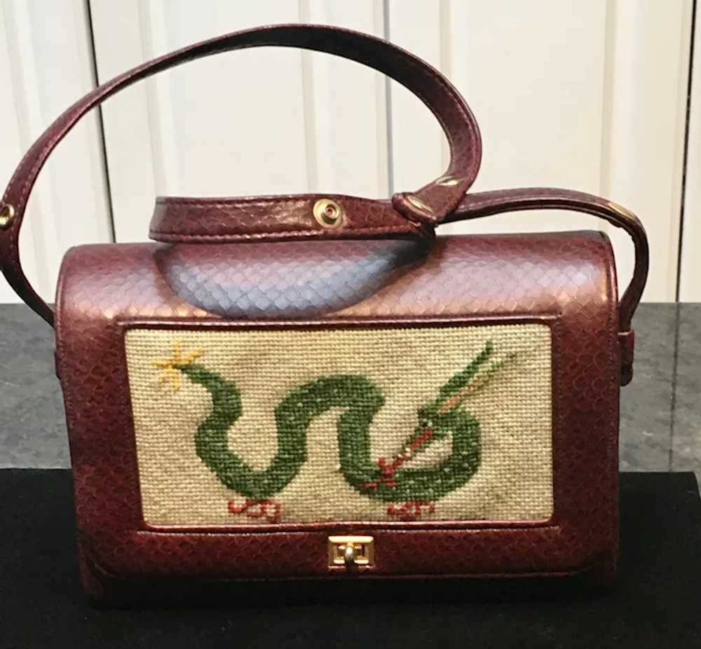 Vintage Faux Leather Purse with Dragon Needlepoint - image 4