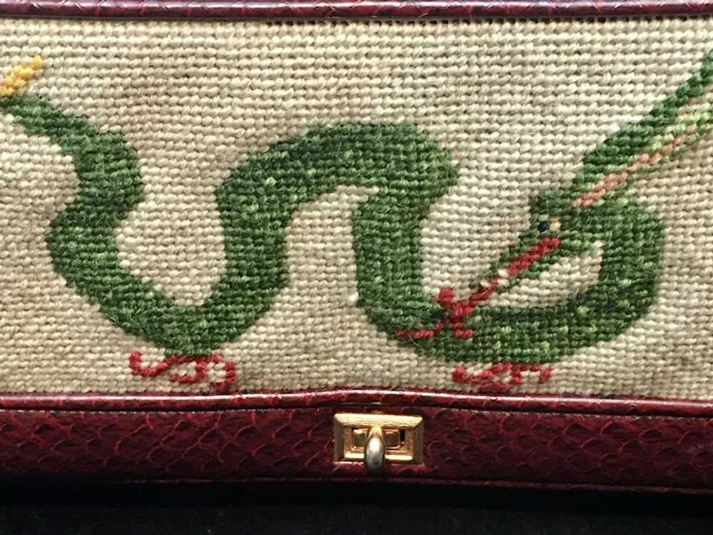 Vintage Faux Leather Purse with Dragon Needlepoint - image 7