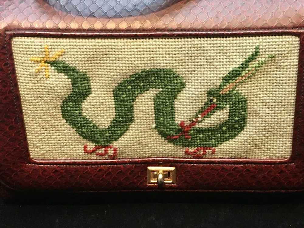 Vintage Faux Leather Purse with Dragon Needlepoint - image 8