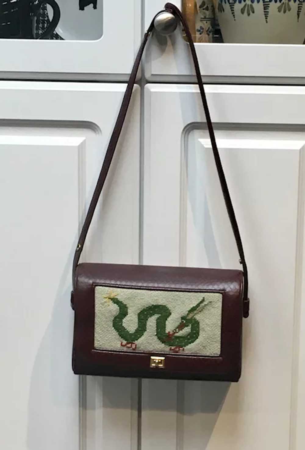 Vintage Faux Leather Purse with Dragon Needlepoint - image 9