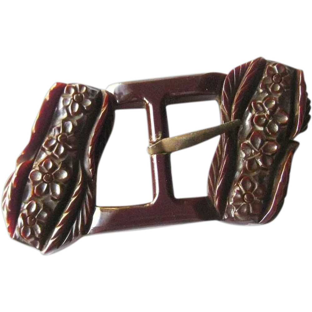 Carved Bakelite Buckle With Floral Design Vintage… - image 1