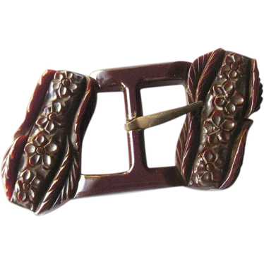 Carved Bakelite Buckle With Floral Design Vintage… - image 1