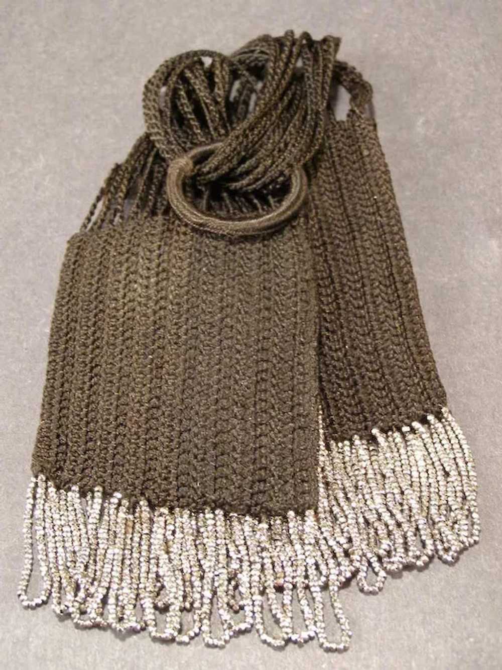 Antique Hand Bag Black Crochet Ring Floral Silver… - image 4