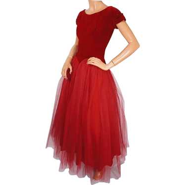 Vintage 1950s Red Tulle Ball Gown Prom Dress Size… - image 1