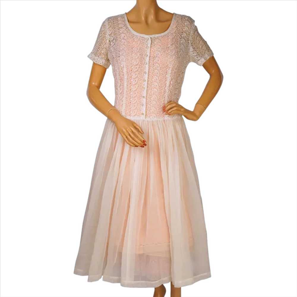 Vintage 1950s White Organdy Dress w Embroidered E… - image 1