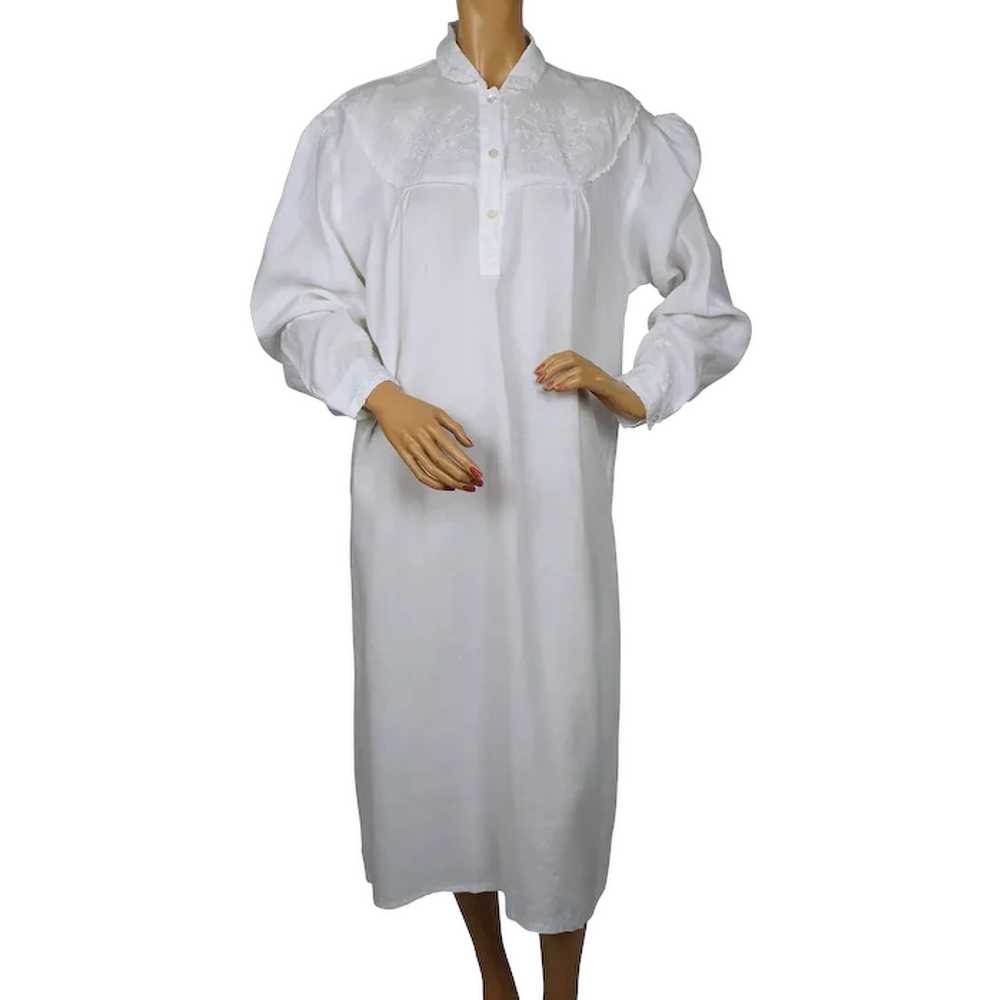 Antique White Cotton Linen Nightgown Nightie w Em… - image 1
