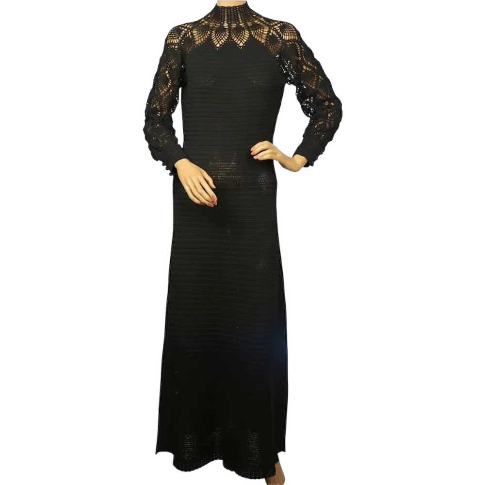 Vintage 1970s Black Crochet Knit Long Dress Size M - image 1