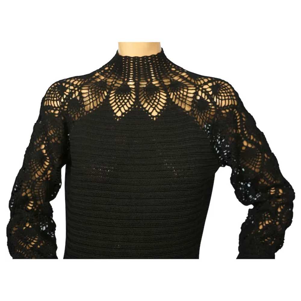Vintage 1970s Black Crochet Knit Long Dress Size M - image 4