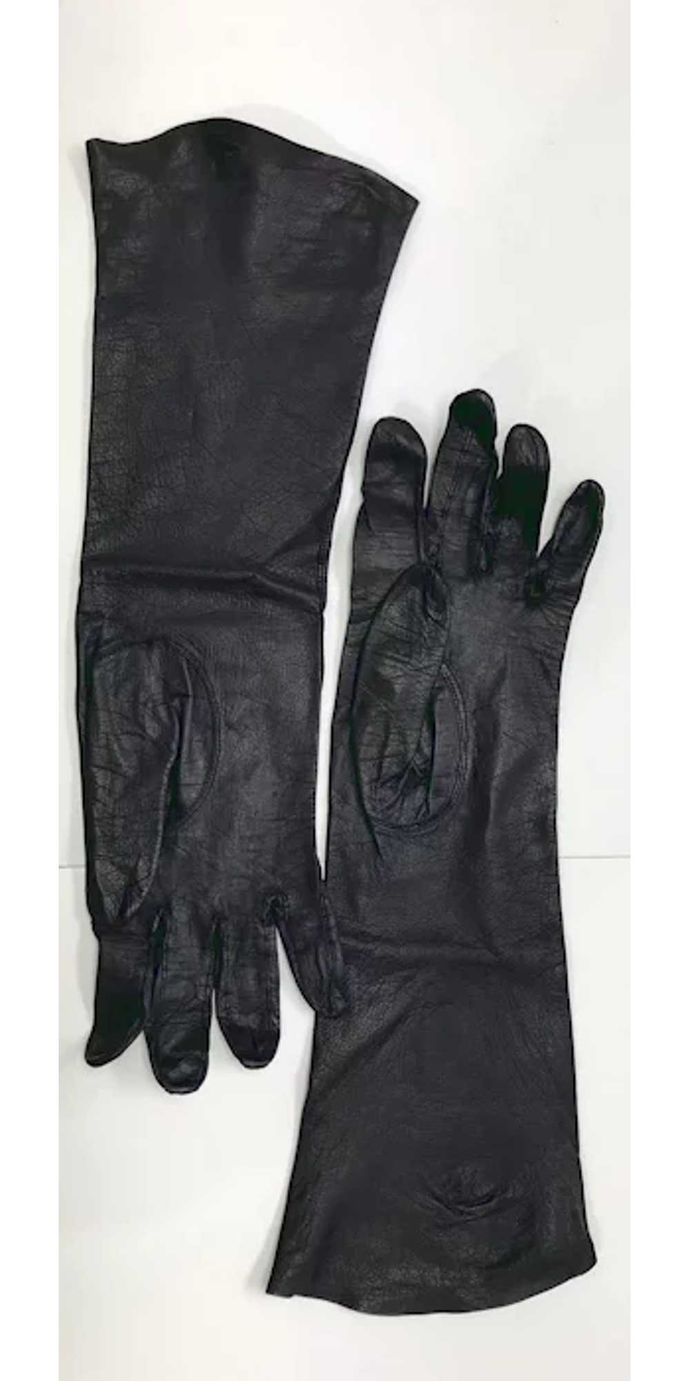 Ladies Vintage Long Black Leather Gloves-France - image 2