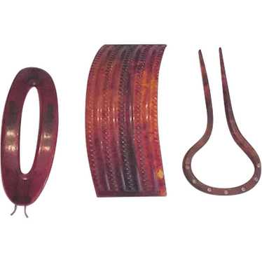 Celluloid Large Hair Barrettes and Comb / Pin - image 1