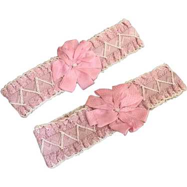 Pair Antique Boudoir Pink Silk Ribbonwork Garters - image 1