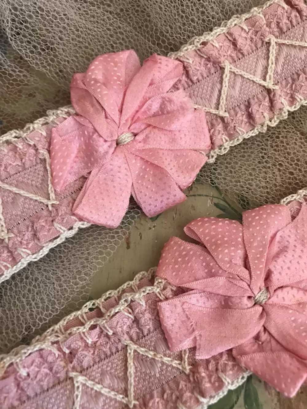 Pair Antique Boudoir Pink Silk Ribbonwork Garters - image 2