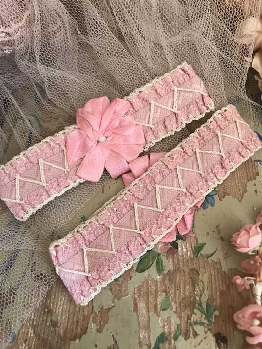 Pair Antique Boudoir Pink Silk Ribbonwork Garters - image 3