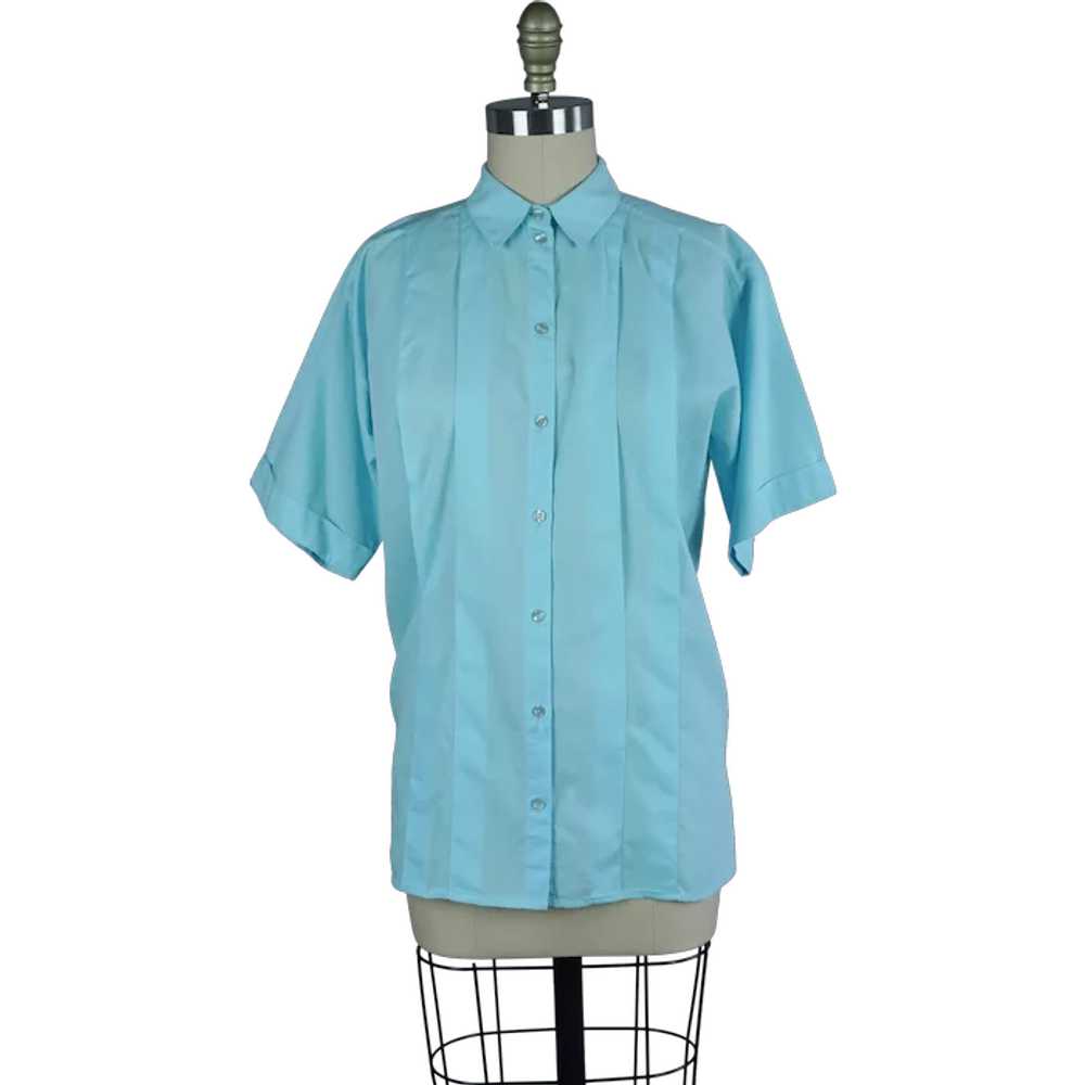 90s Teal Cotton Short Sleeve Button Front Blouse … - image 1