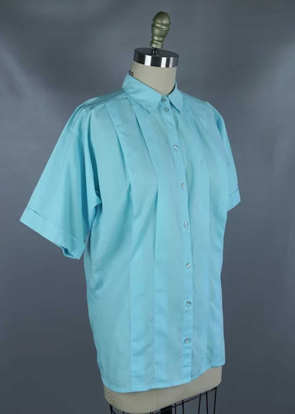 90s Teal Cotton Short Sleeve Button Front Blouse … - image 2