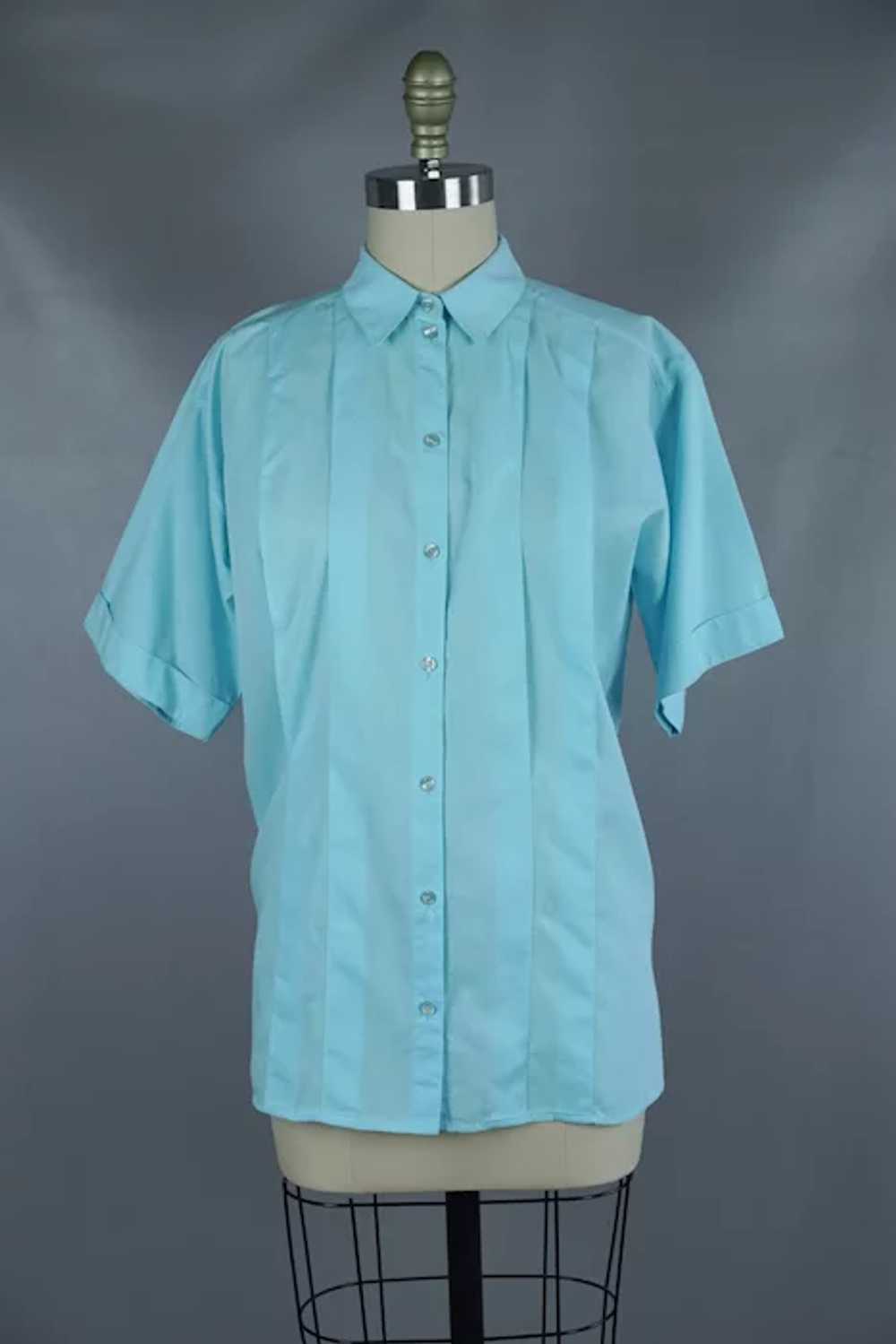 90s Teal Cotton Short Sleeve Button Front Blouse … - image 6