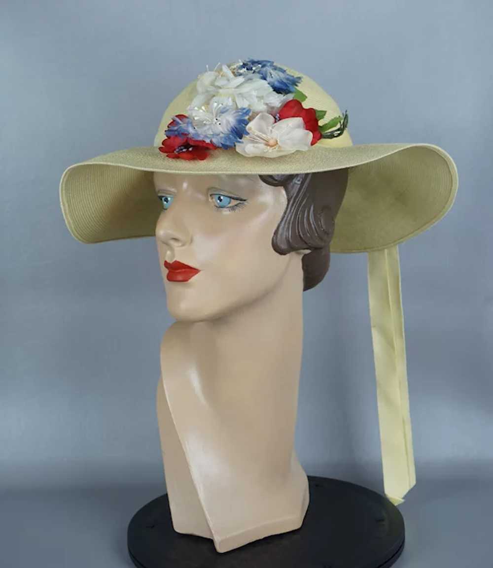 60s Pale Yellow Flowered Wide Brim Straw Hat by S… - image 10