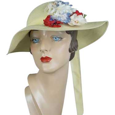 60s Pale Yellow Flowered Wide Brim Straw Hat by S… - image 1