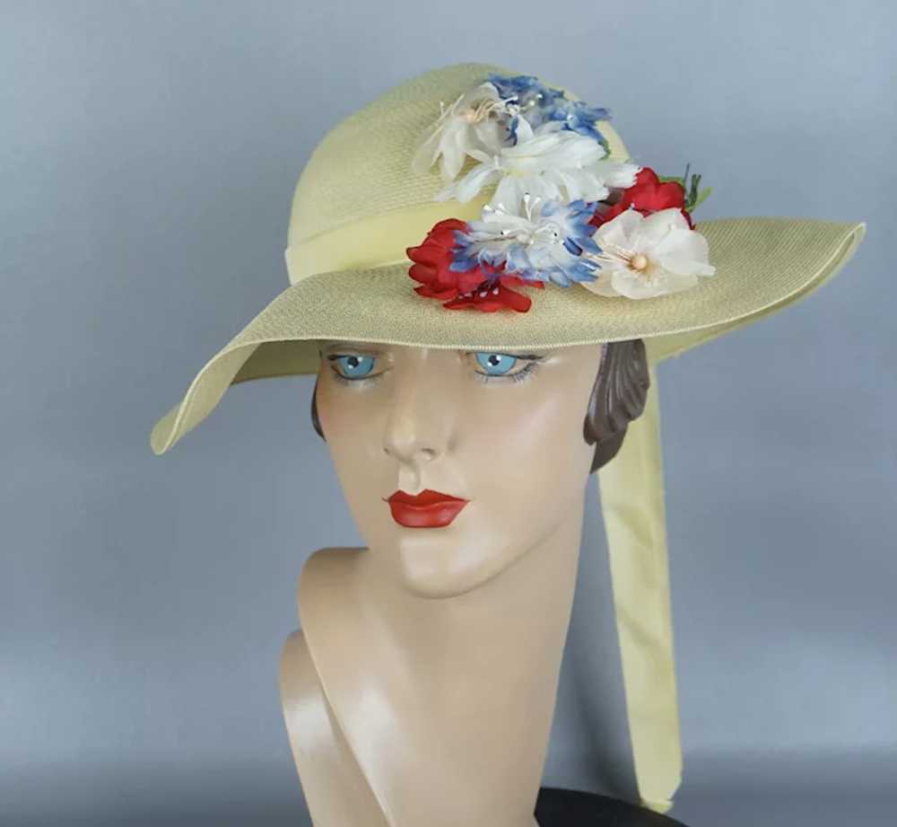 60s Pale Yellow Flowered Wide Brim Straw Hat by S… - image 2