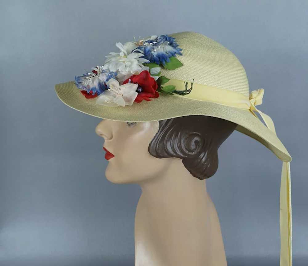 60s Pale Yellow Flowered Wide Brim Straw Hat by S… - image 3