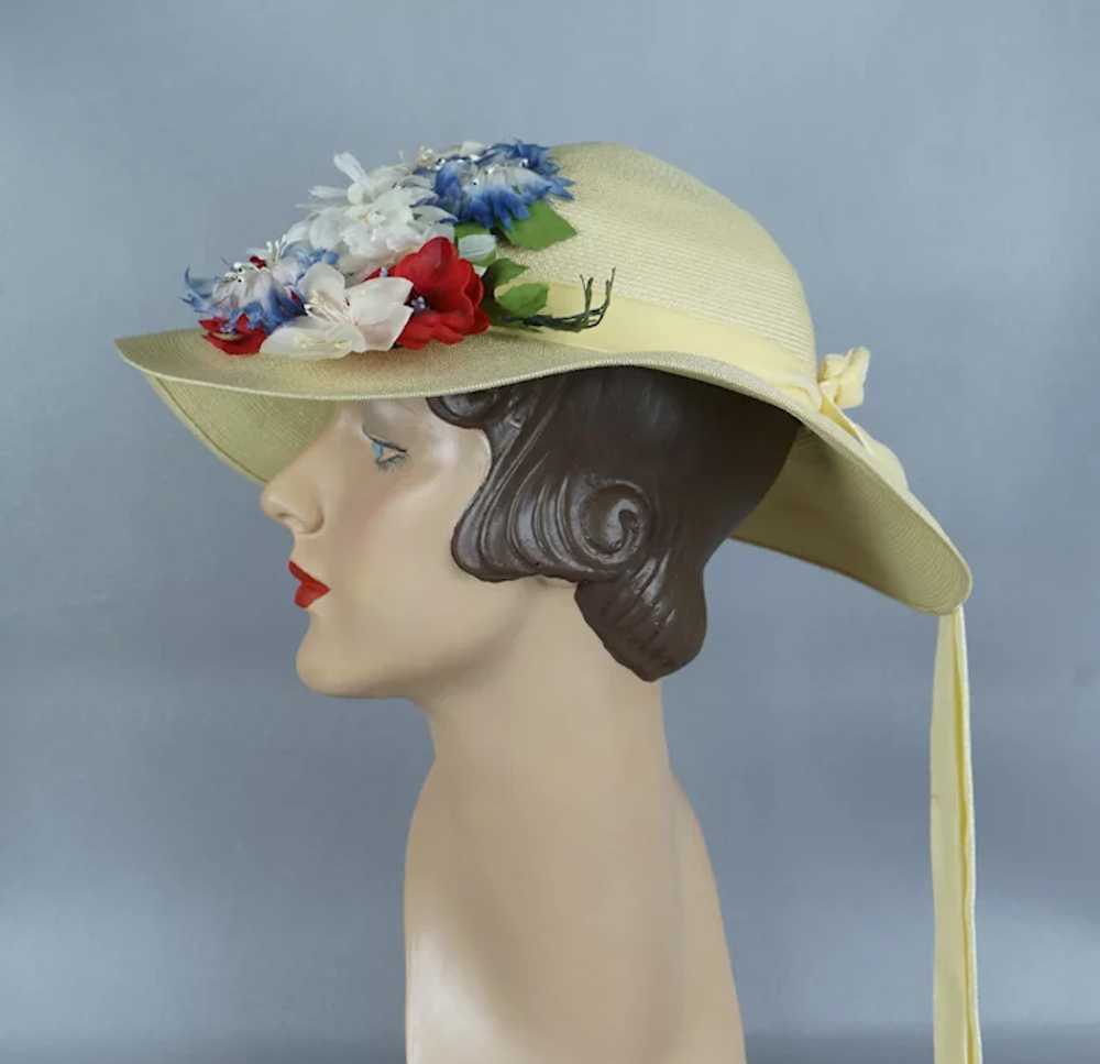 60s Pale Yellow Flowered Wide Brim Straw Hat by S… - image 4
