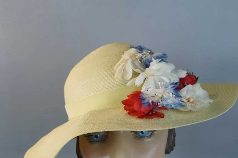60s Pale Yellow Flowered Wide Brim Straw Hat by S… - image 5