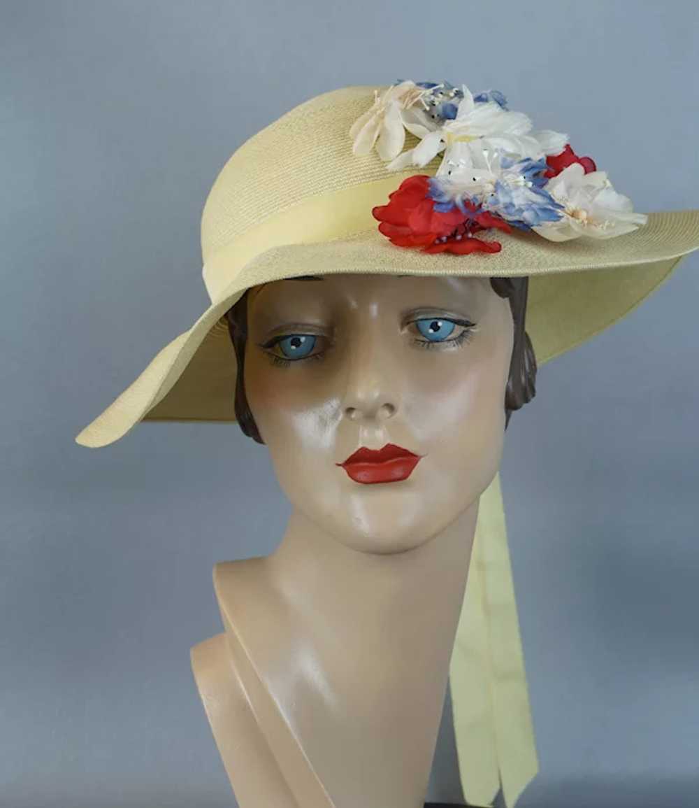 60s Pale Yellow Flowered Wide Brim Straw Hat by S… - image 6