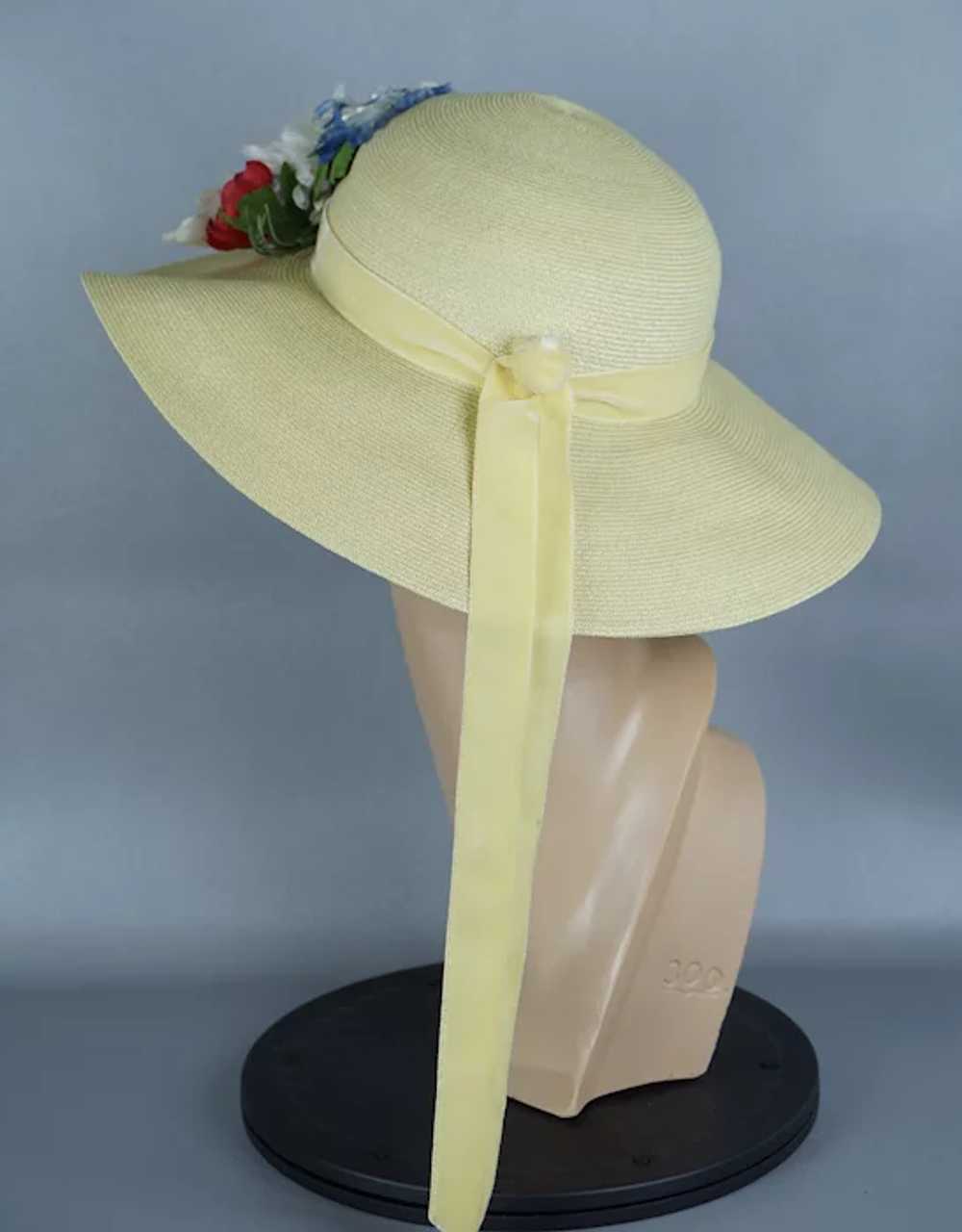 60s Pale Yellow Flowered Wide Brim Straw Hat by S… - image 7
