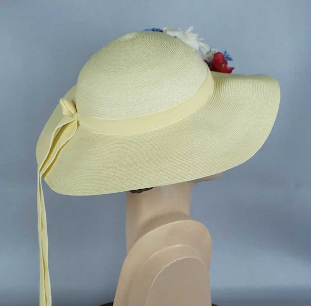 60s Pale Yellow Flowered Wide Brim Straw Hat by S… - image 8