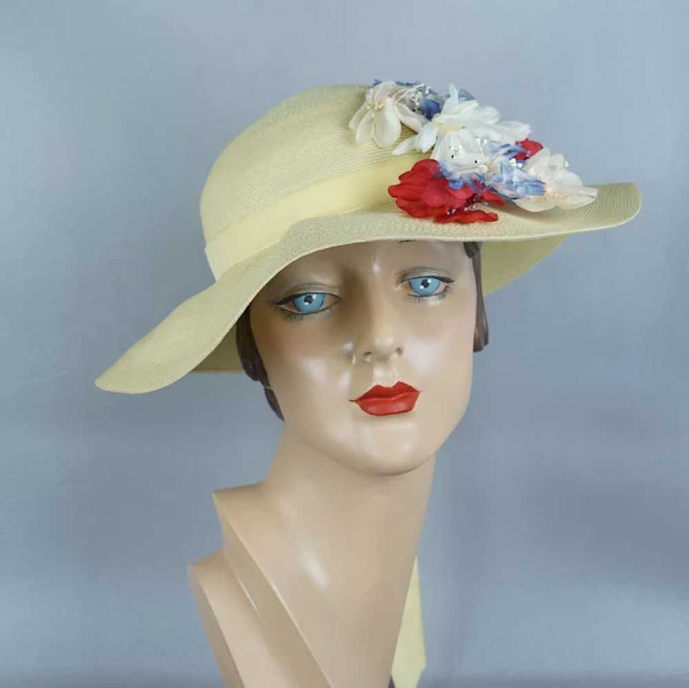 60s Pale Yellow Flowered Wide Brim Straw Hat by S… - image 9