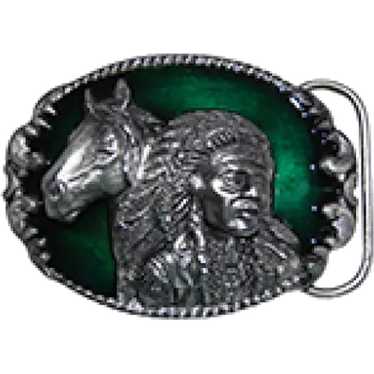 Indian & Horse Siskiyou Buckle Pewter & Enamel