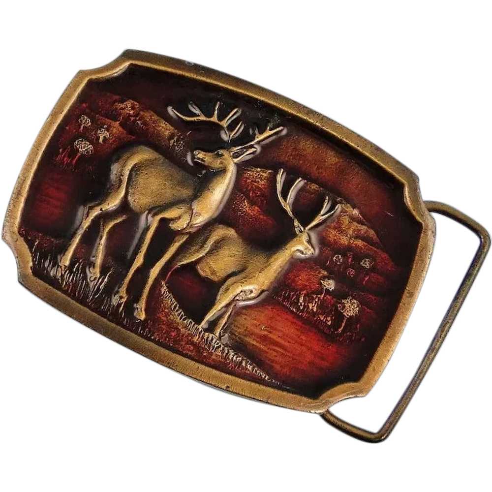 Brass Koleaco Buckle Enamel Deer Vintage Early Pr… - image 1