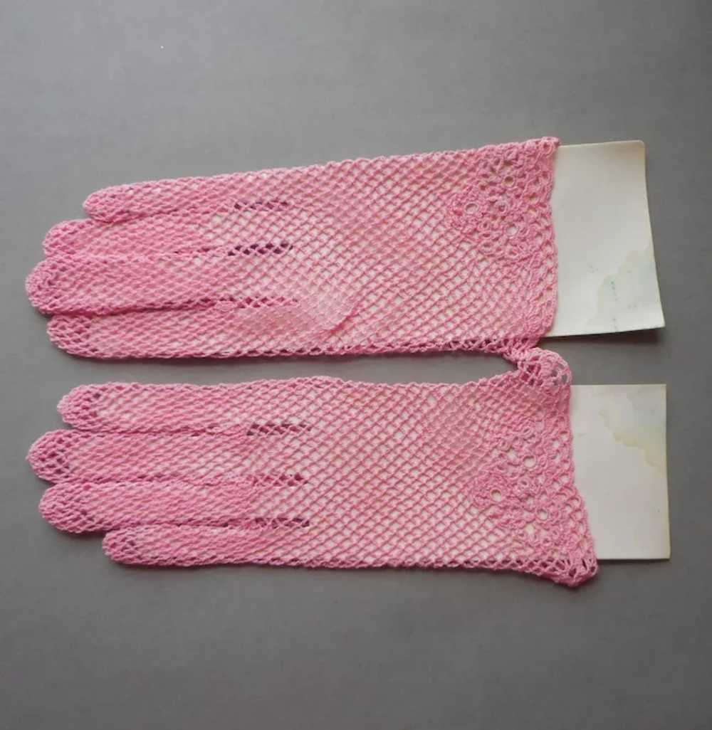 Crocheted Lace Gloves Bright Pink Vintage 1980s - image 2