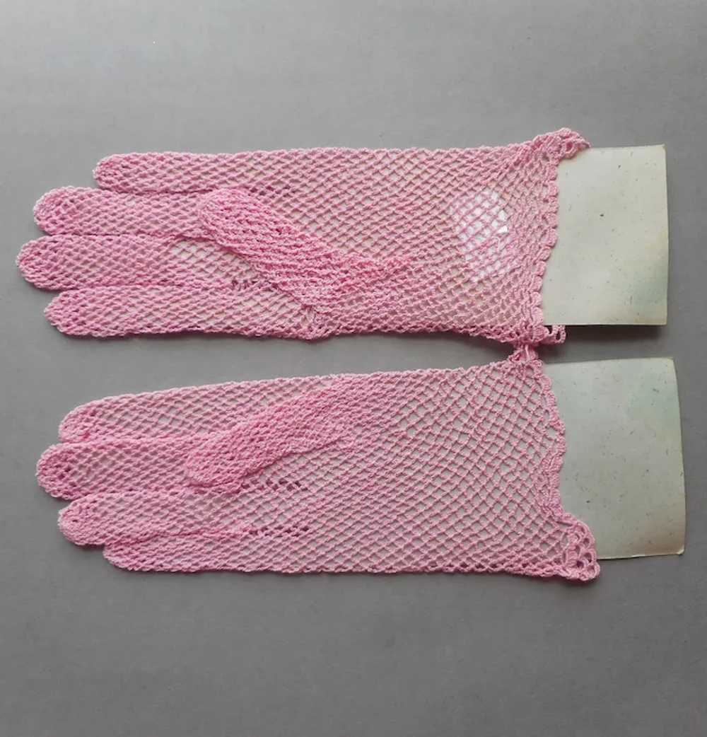 Crocheted Lace Gloves Bright Pink Vintage 1980s - image 4