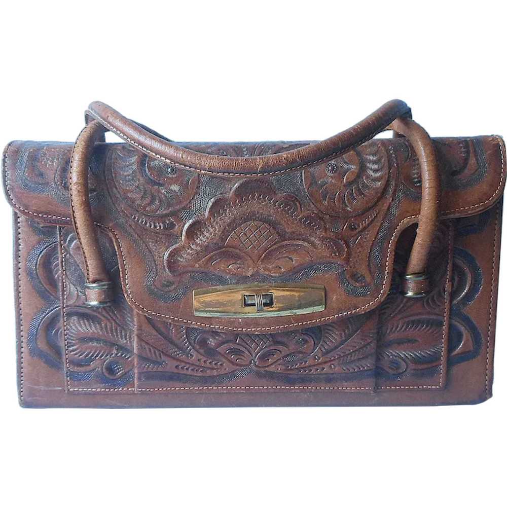 Vintage Tooled Leather Purse Handbag Loaded With … - image 1
