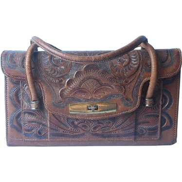 Vintage Tooled Leather Purse Handbag Loaded With … - image 1