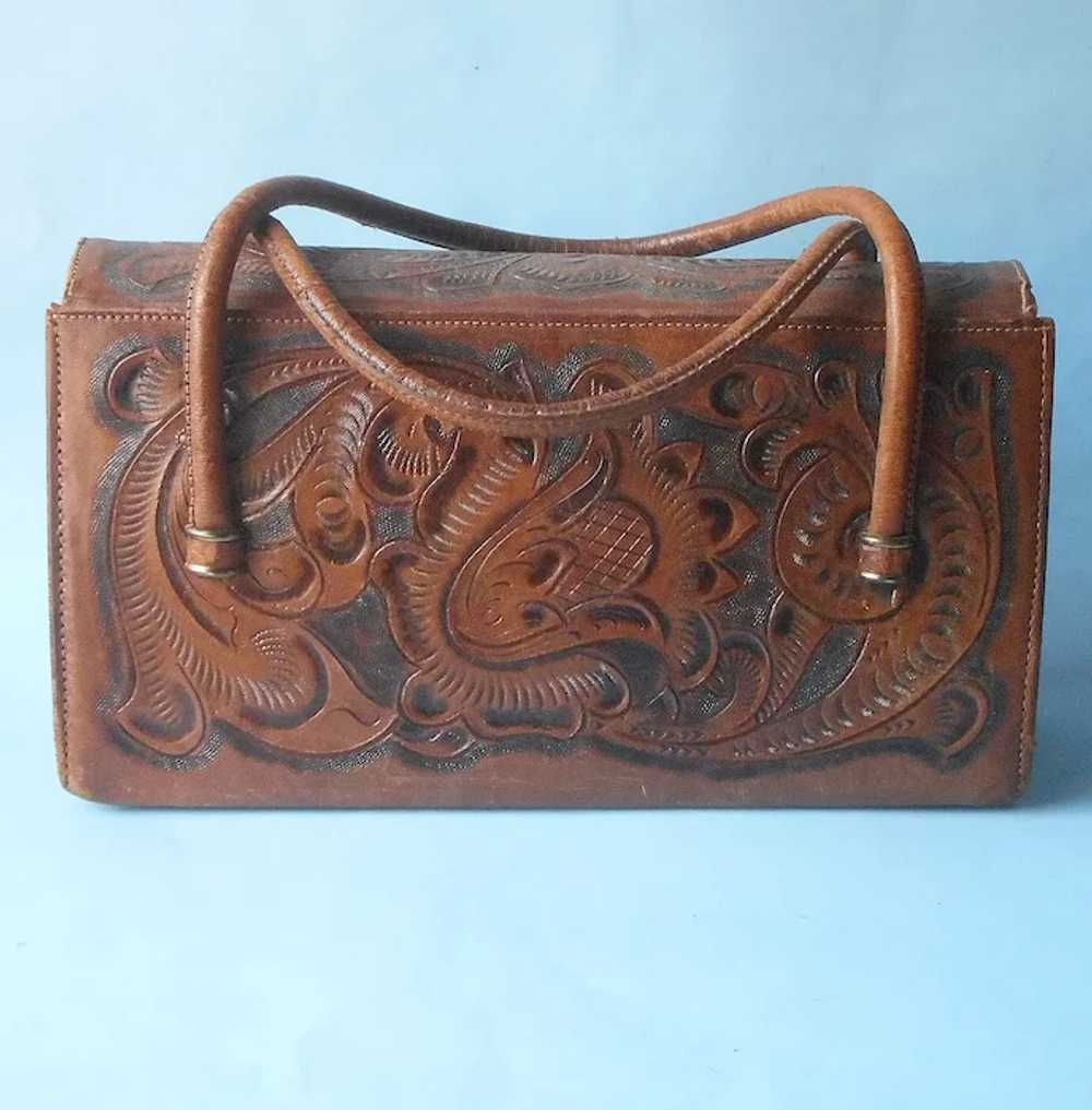 Vintage Tooled Leather Purse Handbag Loaded With … - image 3
