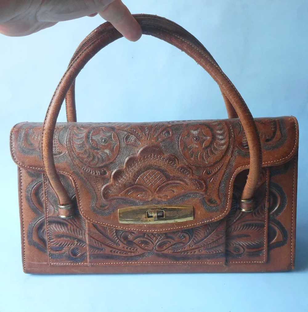 Vintage Tooled Leather Purse Handbag Loaded With … - image 5