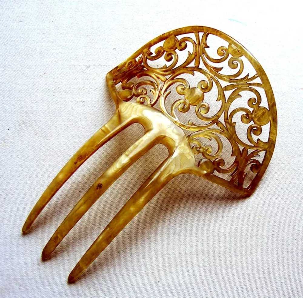 Art Nouveau hair comb blonde celluloid scroll hai… - image 11