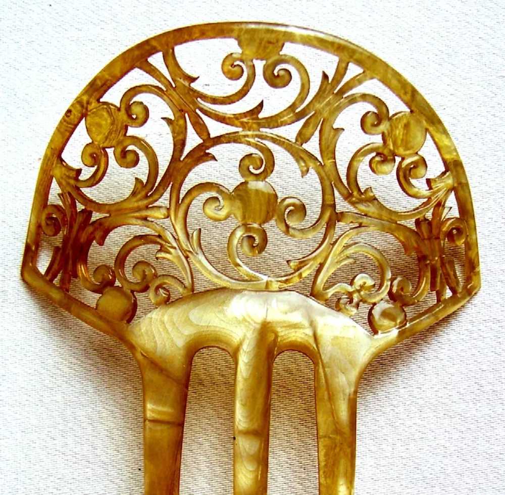 Art Nouveau hair comb blonde celluloid scroll hai… - image 12