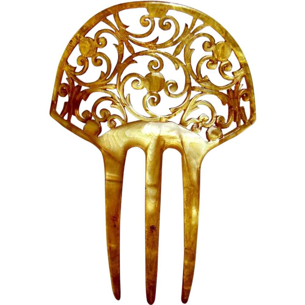 Art Nouveau hair comb blonde celluloid scroll hai… - image 1