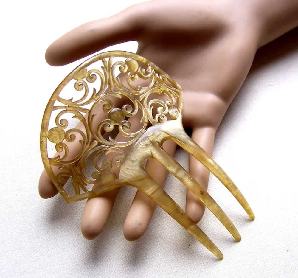 Art Nouveau hair comb blonde celluloid scroll hai… - image 4