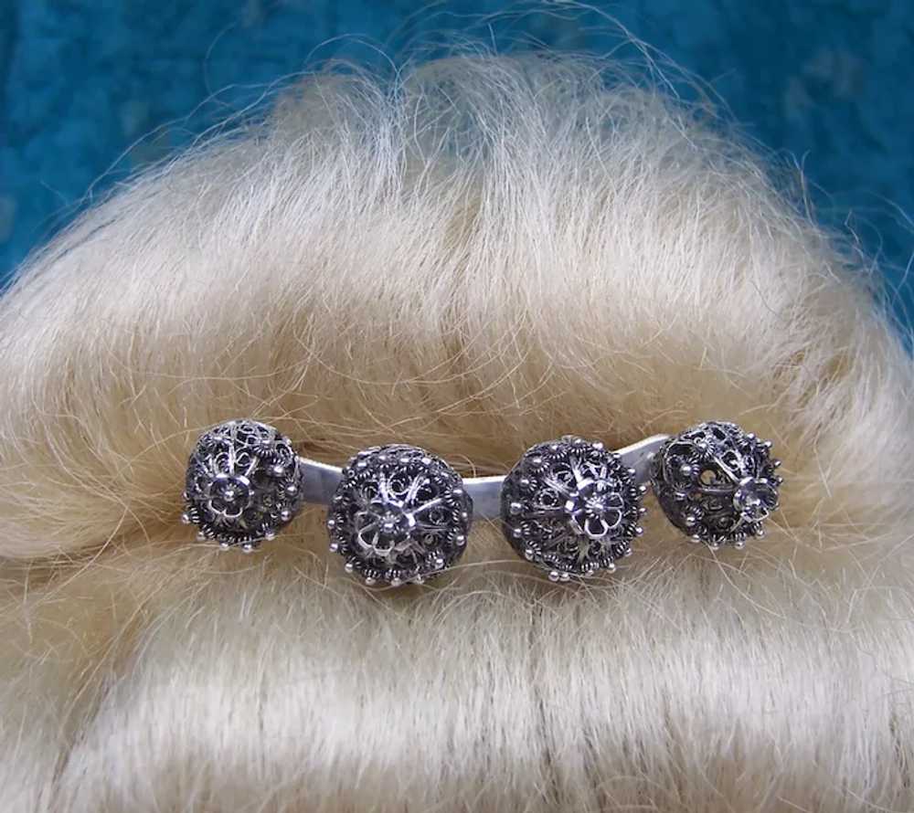 Late 19th century silver tone metal filigree hair… - image 12