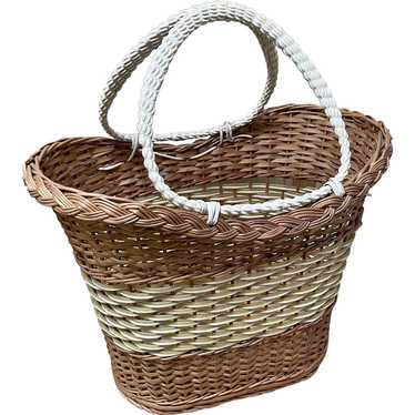 Mid-Century Wicker Tote - Woven with Rattan and Pl