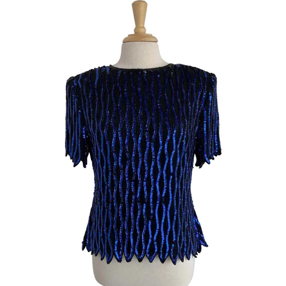 Black and Blue, Vintage 1980s Sequin and Bead Blo… - image 1