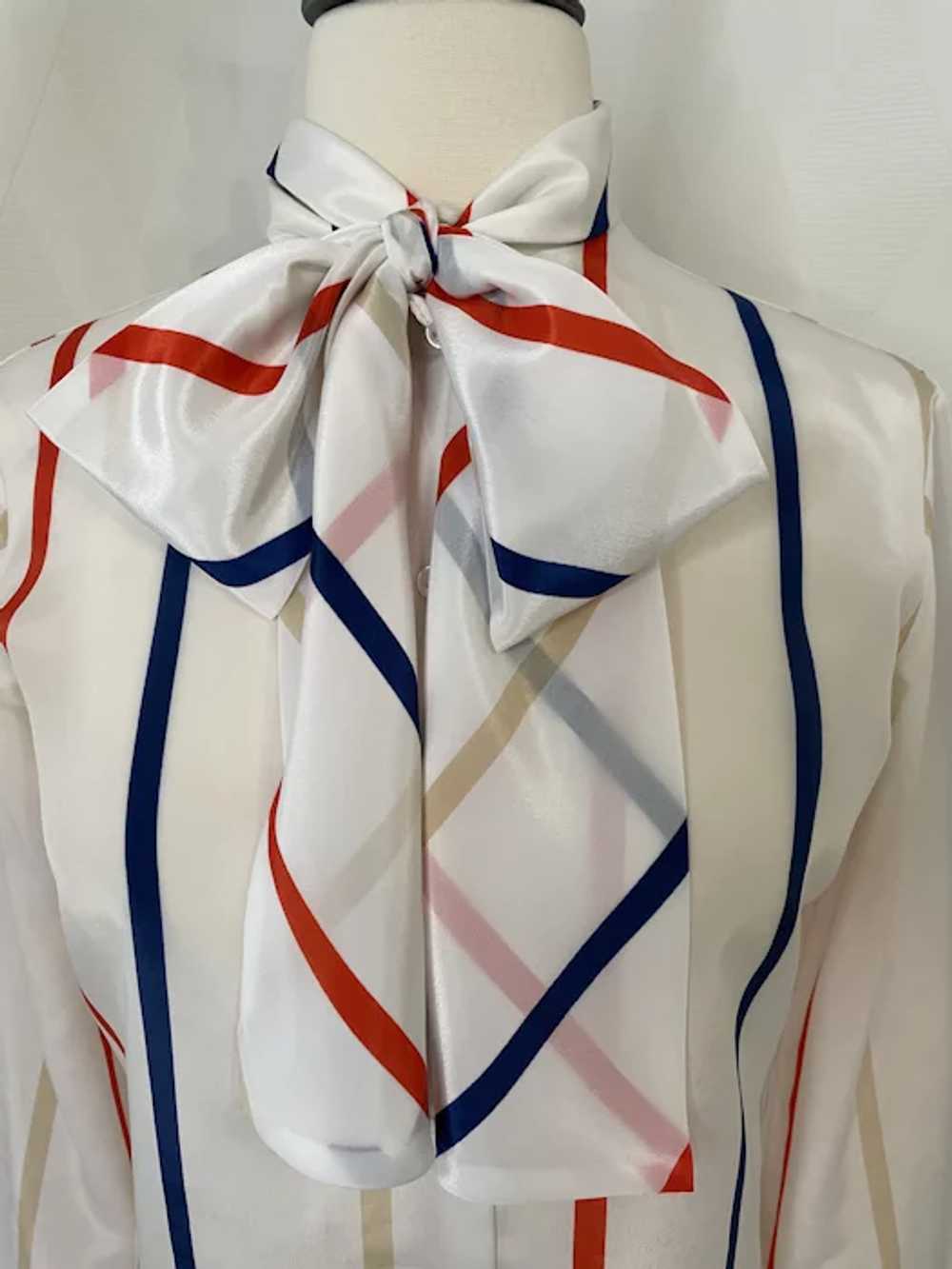 Vintage 1980s News Striped Pussy Bow Blouse - image 3