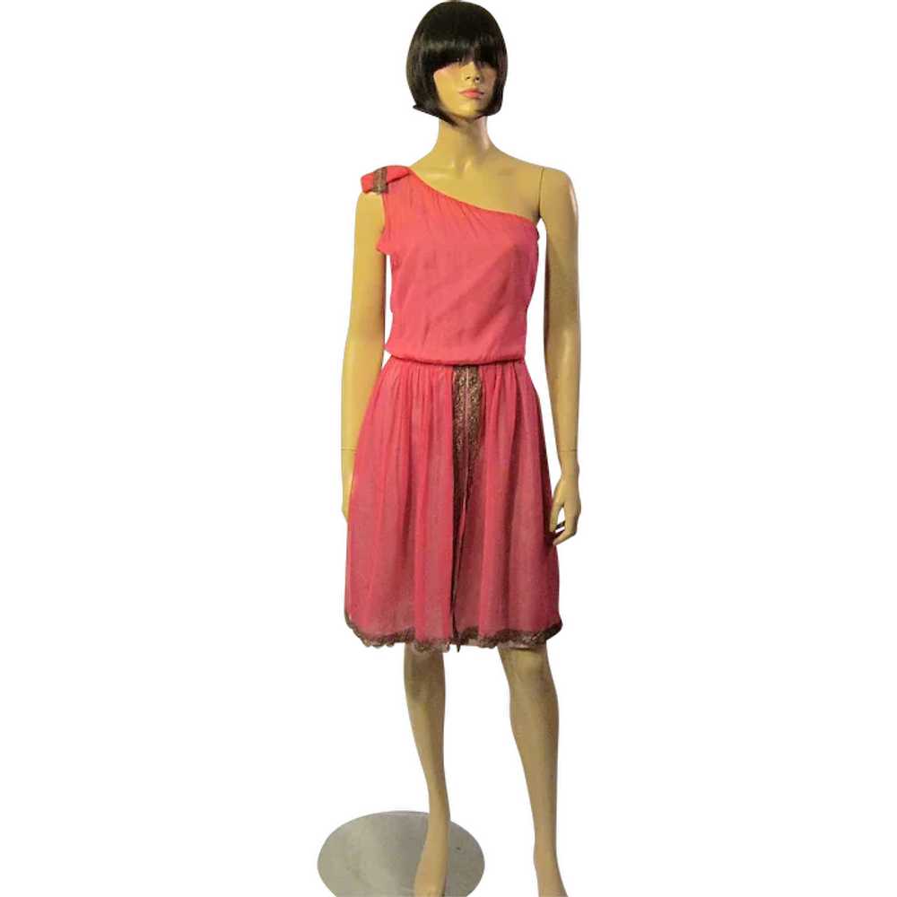 1920's Cerise Colored Chiffon Dress with Silver M… - image 1