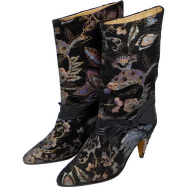 Bohemian Chic Black Velvet Boots Embossed with Fl… - image 1