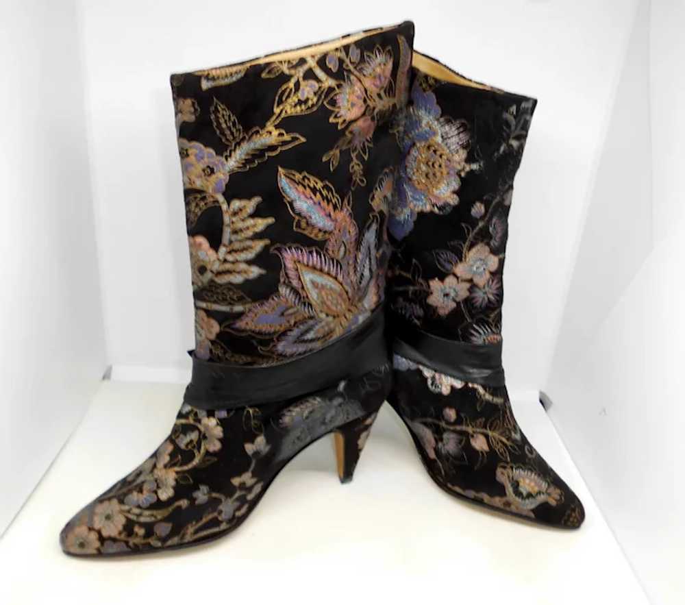 Bohemian Chic Black Velvet Boots Embossed with Fl… - image 3