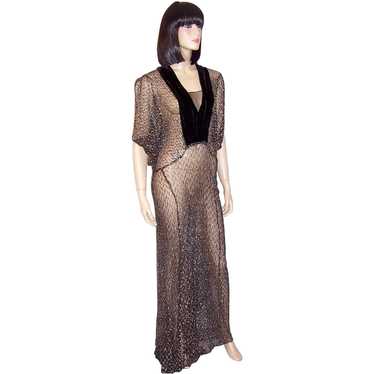 1930's Black & Silver Metallic Lace Gown with Vel… - image 1